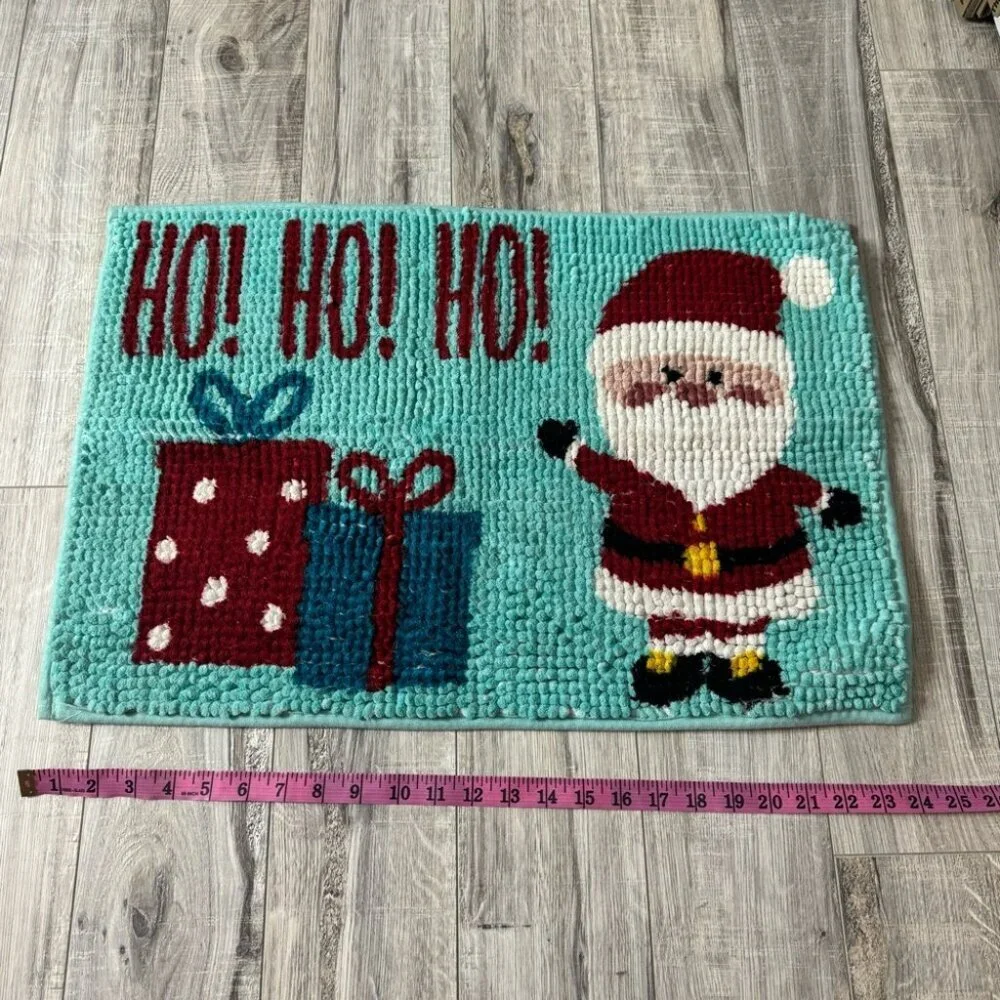 Matt floor HO HO HO Christmas Santa frilly soft fleece blue red presents cozy